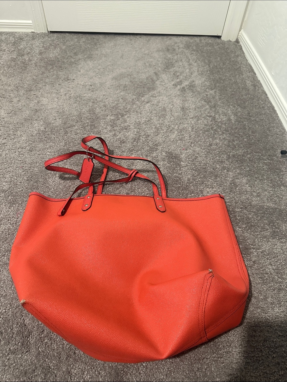 Reversible Coach Orange-Red Pebble Leather Tote - Picture 2 of 4